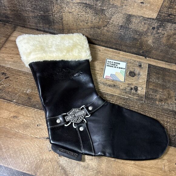 Other - Vtg Harley-Davidson Christmas Stocking Boot Black Faux Leather Fur Logo Chain